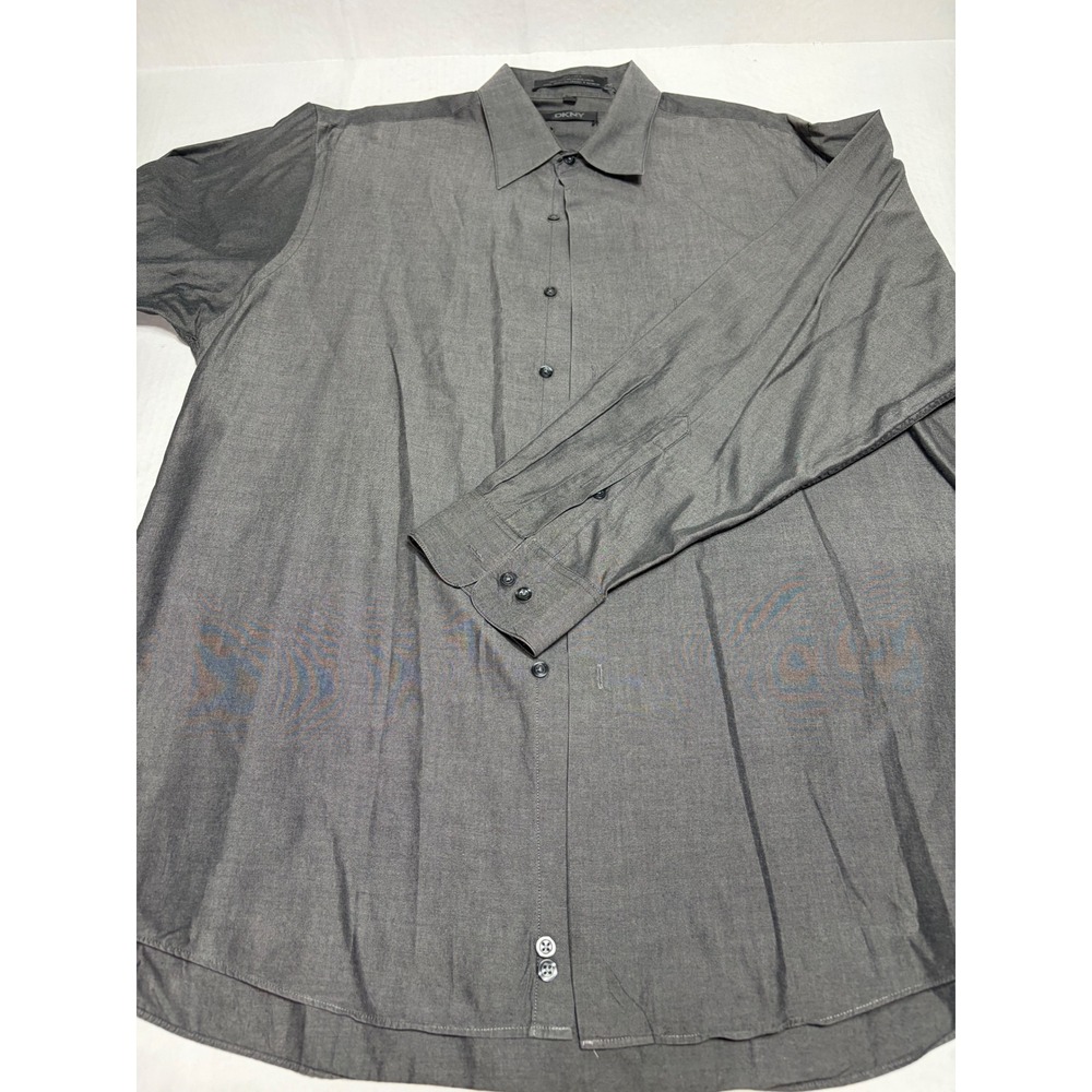 DKNY Mens Gray 80s 2 Ply Cotton Long Sleeve Button Down Dress Shirt 17 34/35
